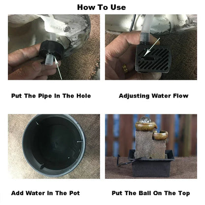 Step-by-step guide on how to use a small water feature with text instructions.