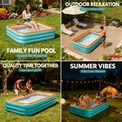 Inflatable pool used outdoors with text highlighting family fun, relaxation, and summer vibes.