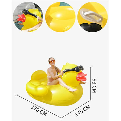 Inflatable yellow duck pool float with measurements and close-up details on a white background