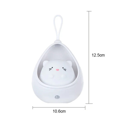 White hanging cat toy with a cat face design and dimensions on a white background