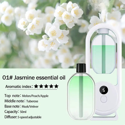 Jasmine essential oil diffuser with product details on a floral background