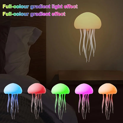 Jellyfish-shaped night light with color-changing options on a bed.