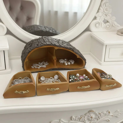 Jewelry organizer with jewelry on a decorative surface