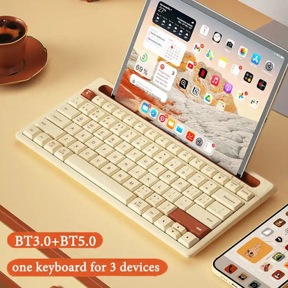 Keyboard with tablet on a desk with coffee, featuring BT3.0+BT5.0 connectivity.