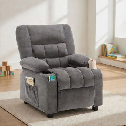 Gray recliner chair with cup holder and magazine rack in a room with toys and books.