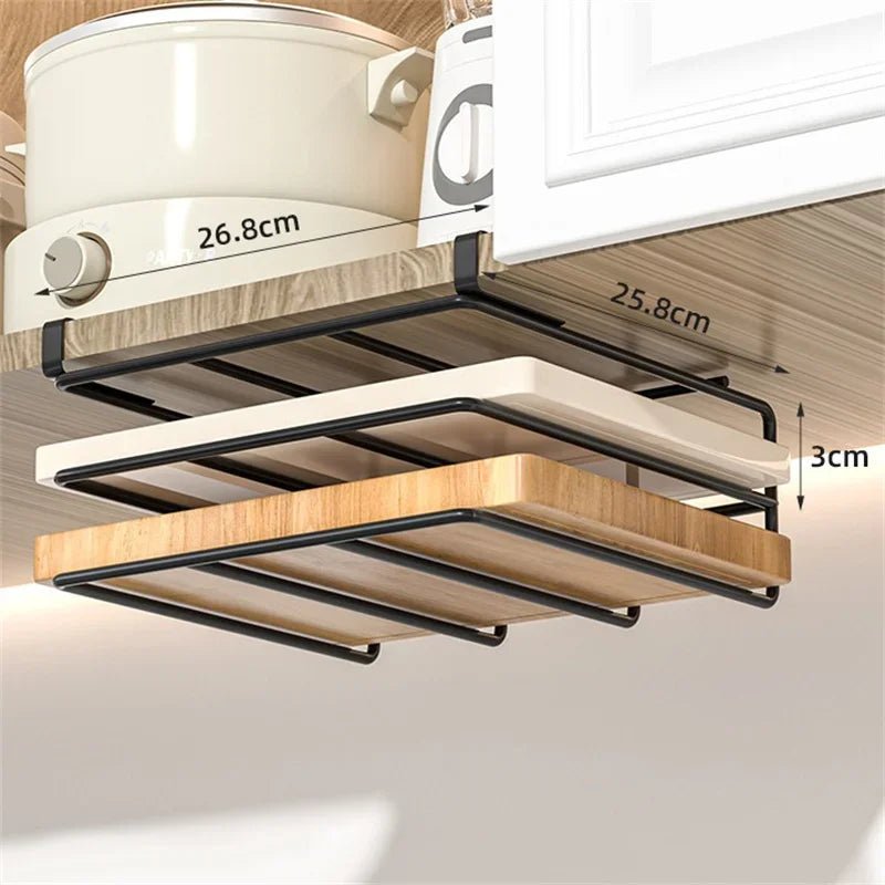 Kitchen cabinet organizer with shelves attached, showing dimensions.