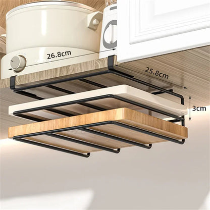 Kitchen cabinet organizer with shelves attached, showing dimensions.