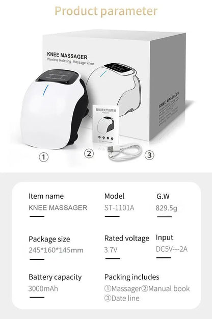 Knee massager with packaging and product details on a white background