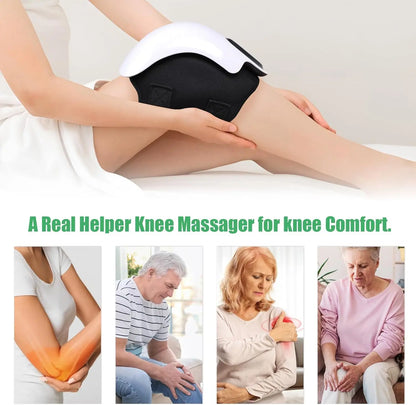 Person using a knee massager with text about knee comfort.