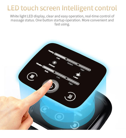 Control panel with LED touch screen for knee massage device, showing a hand pressing a button.