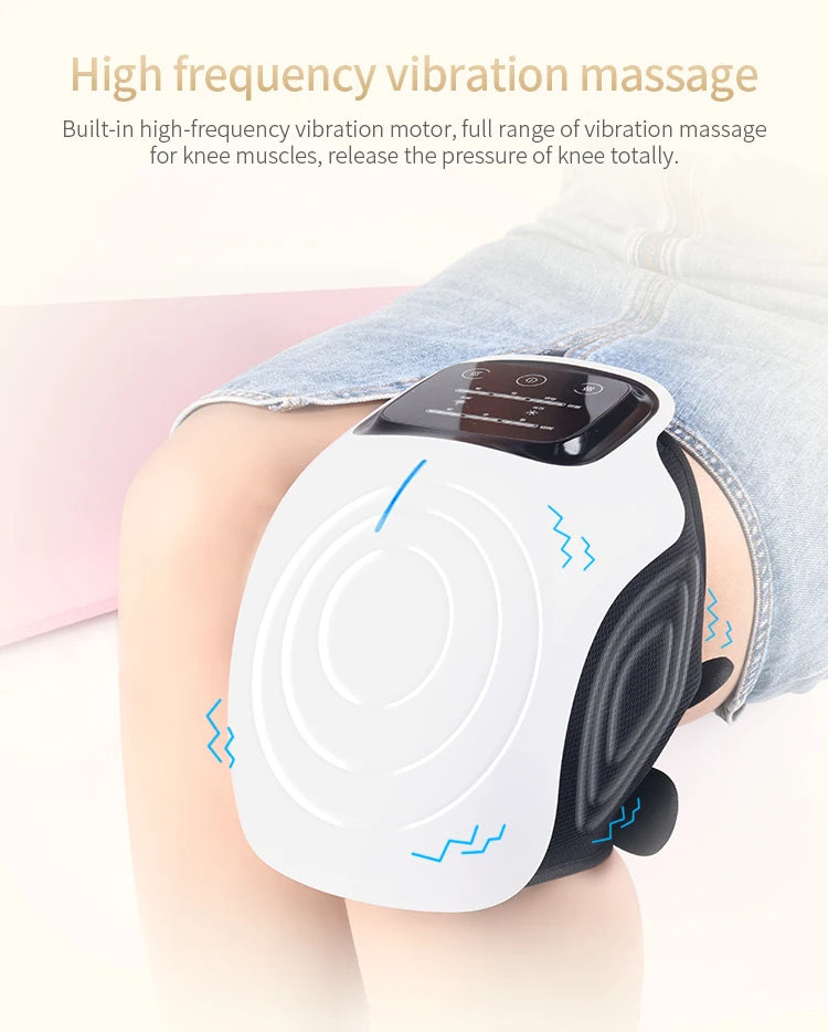 Knee massager being used on a person's knee with text about high-frequency vibration massage.