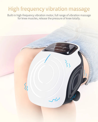 Knee massager being used on a person's knee with text about high-frequency vibration massage.