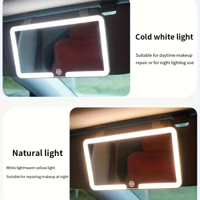 Car-mounted mirror with LED lights showing cold white and natural light options.