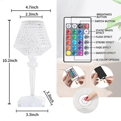 LED desk lamp with remote control and dimensions displayed
