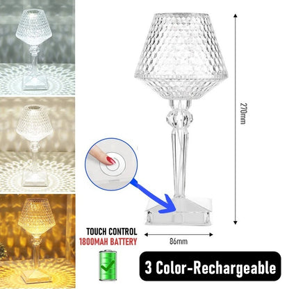 Clear table lamp with charging cable, dimensions, and color-changing feature on a white background