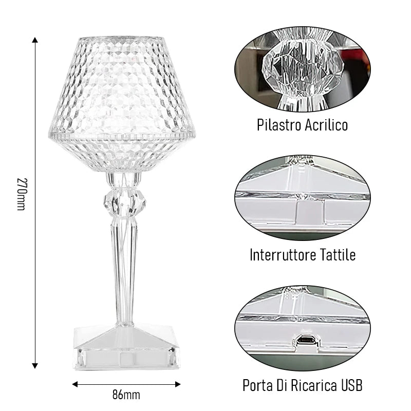 Clear table lamp with dimensions and features highlighted on a white background