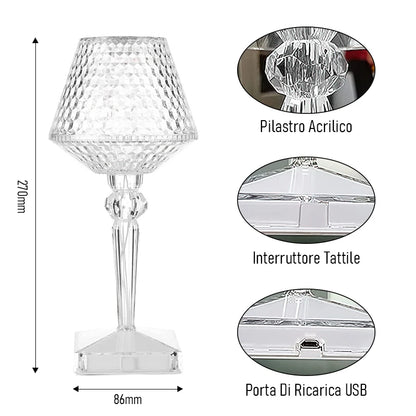 Clear table lamp with dimensions and features highlighted on a white background