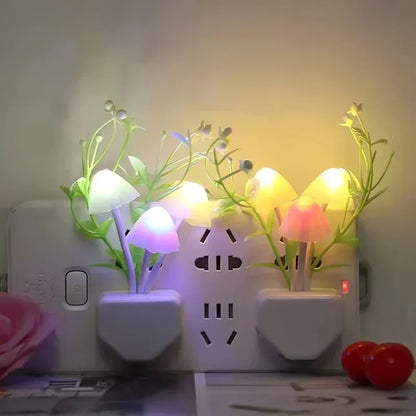Decorative night light with mushroom design on a wall socket.