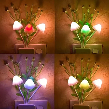 Flower-shaped night light with changing colors on a wall socket.