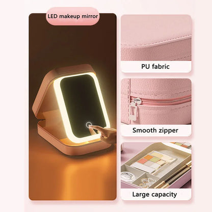 LED makeup mirror with features highlighted on a white background