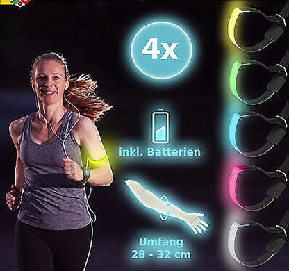 Woman running with glowing arm bands, showing product packaging on the side.