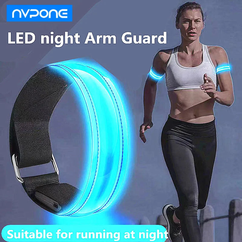 LED night arm Band with a woman running, suitable for night activities, on a blue background.