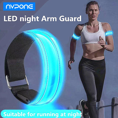 LED night arm Band with a woman running, suitable for night activities, on a blue background.