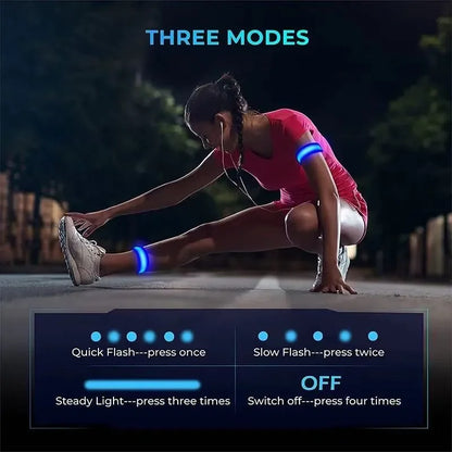 Person stretching outdoors at night with glowing leg lights and control instructions displayed.