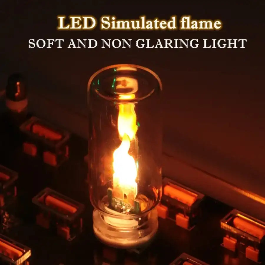 LED simulated flame light bulb with text on a dark background