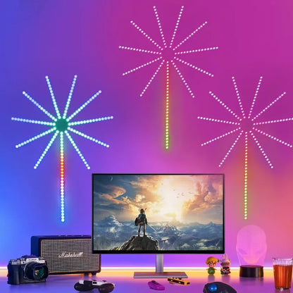 LED strip lights on a wall with a computer monitor displaying a scenic image.