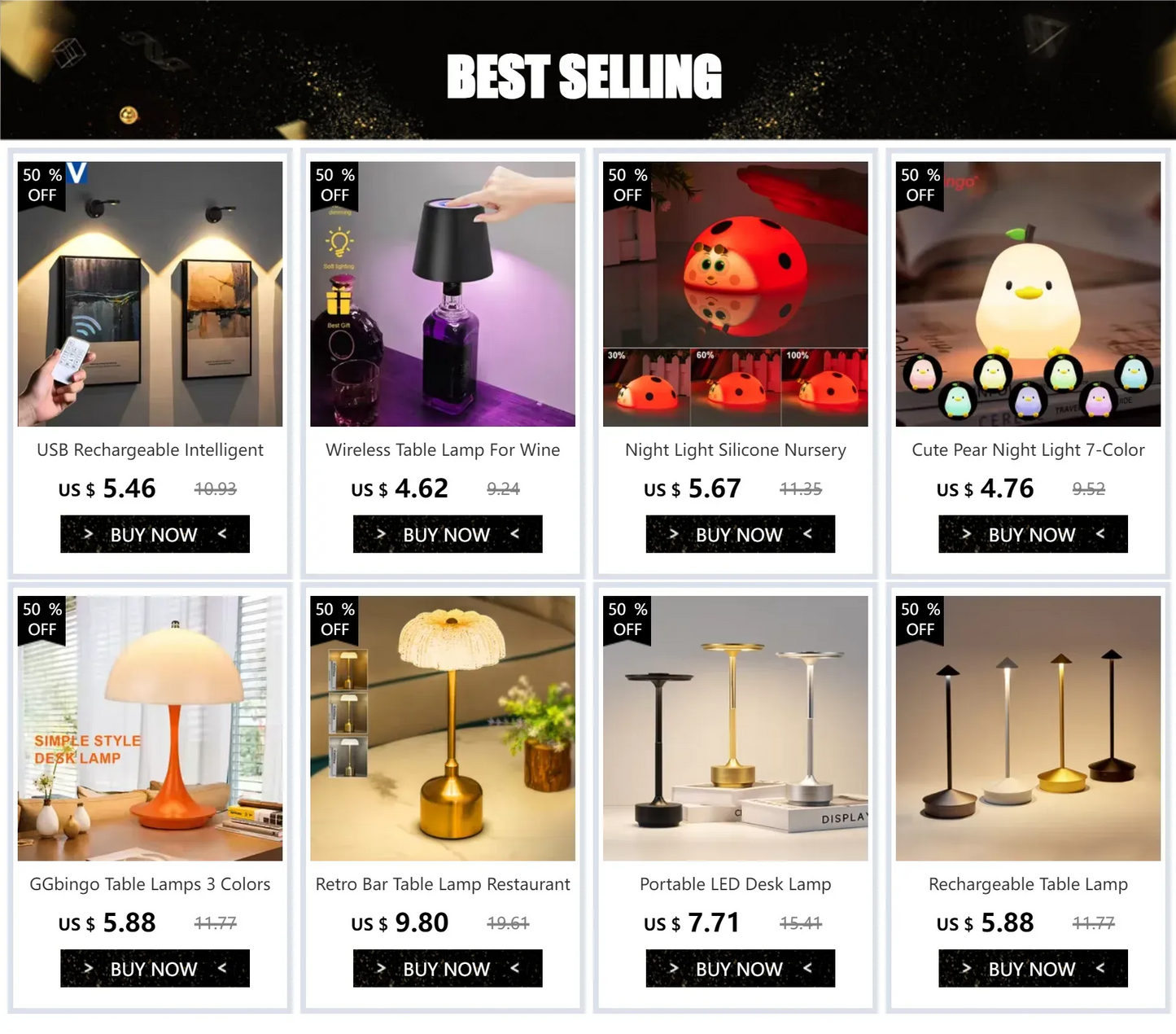 Grid of various table lamps with prices and 'Buy Now' buttons on a promotional page.