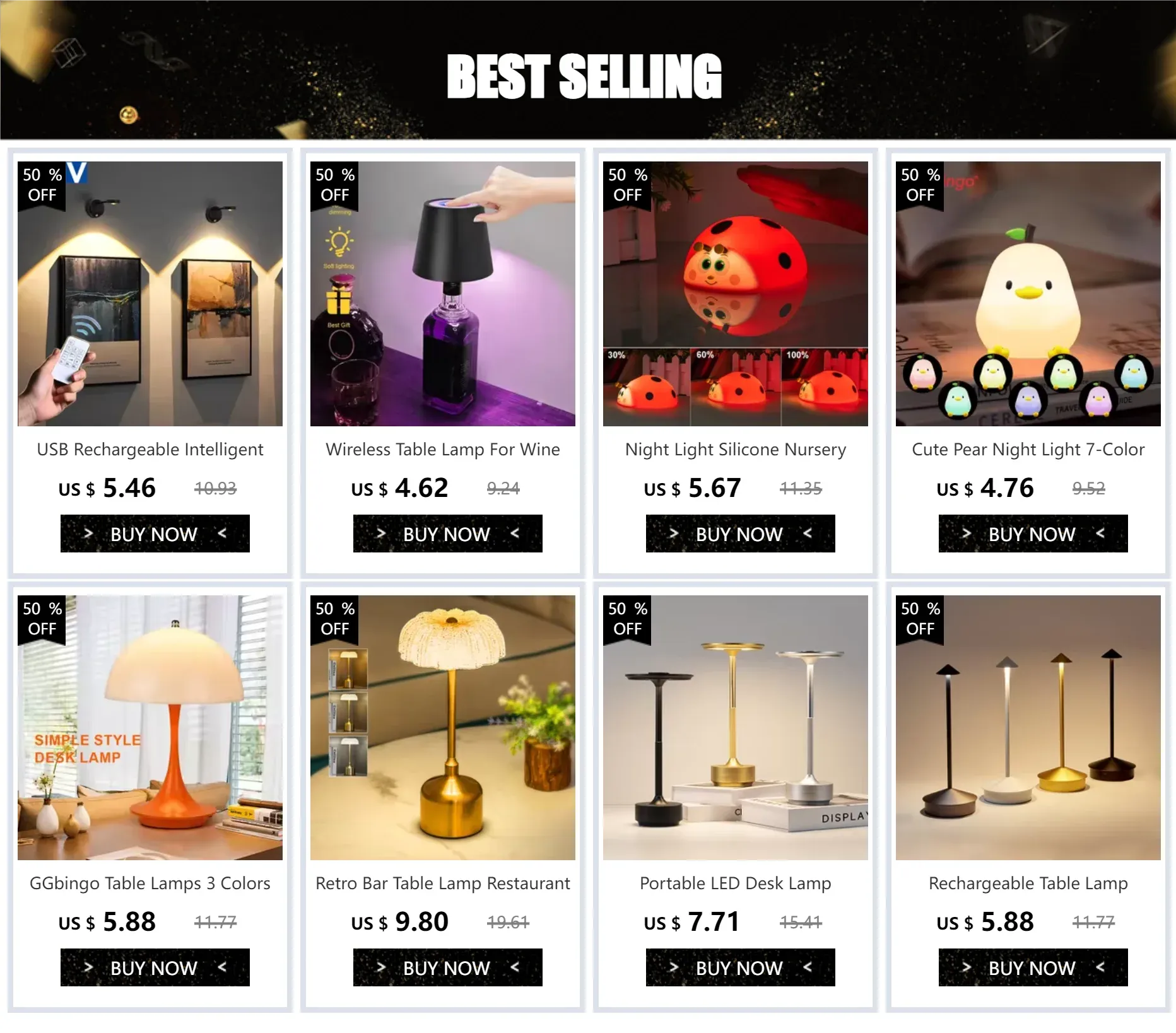 Grid of various table lamps with prices and 'Buy Now' buttons on a promotional page.
