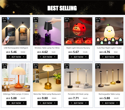 Grid of various table lamps with prices and 'Buy Now' buttons on a promotional page.