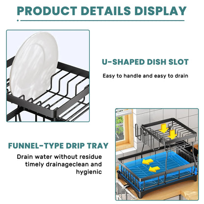 Dish rack with U-shaped dish slot and funnel-type drip tray in a kitchen setting.