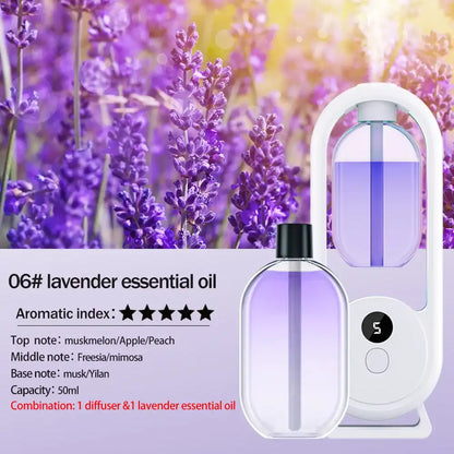 Lavender essential oil bottle and diffuser with lavender flowers in the background