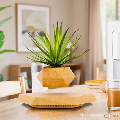 Levitating plant on a table with a glass of juice and a chair in the background