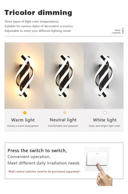 Light fixture with tricolor dimming options and switch illustration.