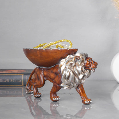 Lion Storage Sculpture – Wood-Finish Resin Decorative Tray