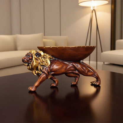 Lion Storage Sculpture – Wood-Finish Resin Decorative Tray