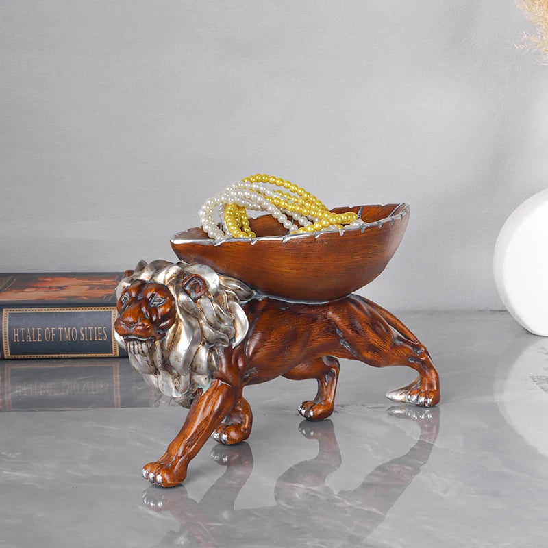 Lion Storage Sculpture – Wood-Finish Resin Decorative Tray