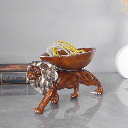 Lion Storage Sculpture – Wood-Finish Resin Decorative Tray
