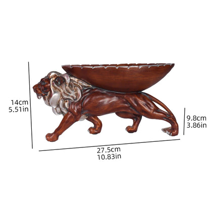 Lion Storage Sculpture – Wood-Finish Resin Decorative Tray