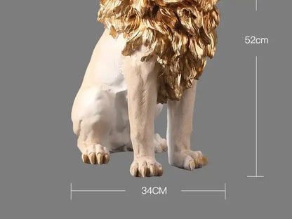 Lion statue with gold mane and measurements on a gray background
