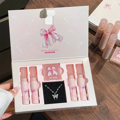 6Pcs Matte Lipstick & Blush Palette Set Velvet Nude Lip Glaze & Necklace Gift - 