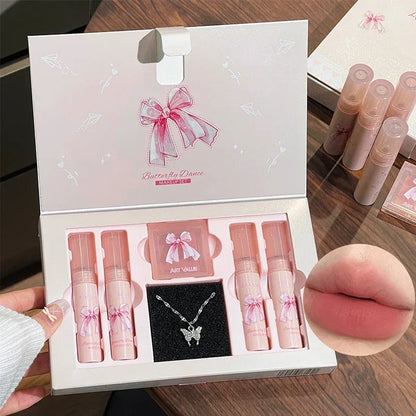 6Pcs Matte Lipstick & Blush Palette Set Velvet Nude Lip Glaze & Necklace Gift - 