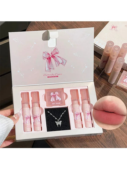 6Pcs Matte Lipstick & Blush Palette Set Velvet Nude Lip Glaze & Necklace Gift - 