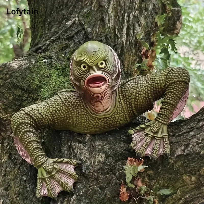Toy lizard with a surprised expression on a tree branch