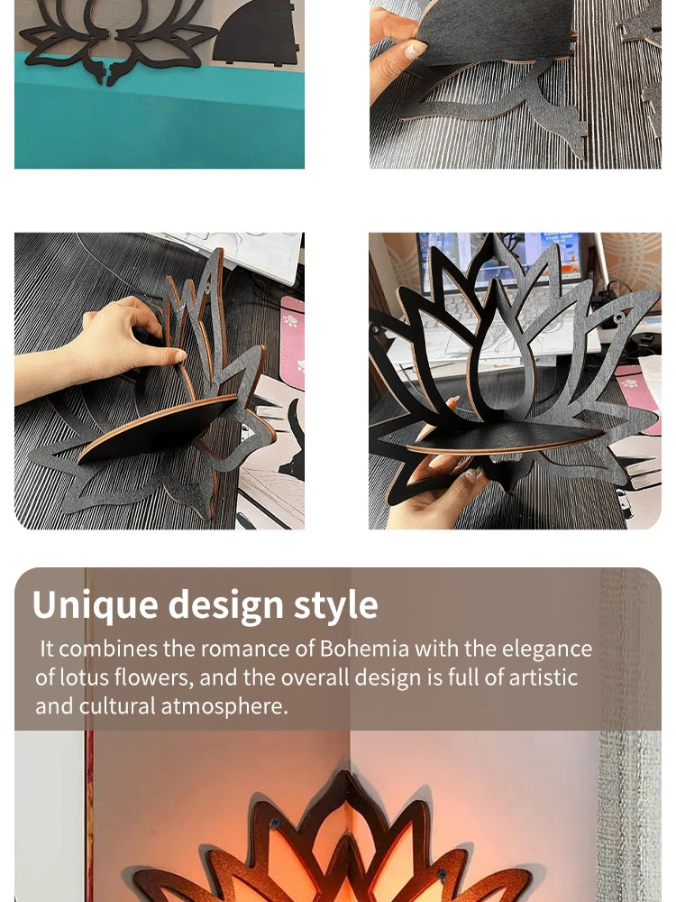 Step-by-step process of assembling a decorative item with lotus flower design, featuring hands and materials on a wooden surface.