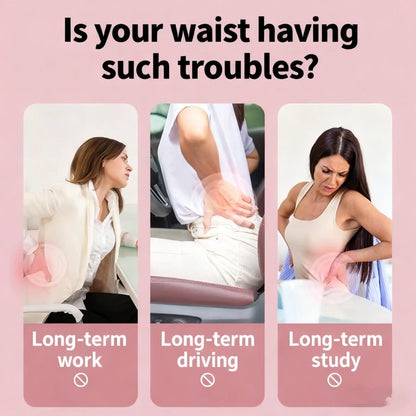 Three scenarios showing people with waist troubles due to long-term work, driving, and studying on a pink background.