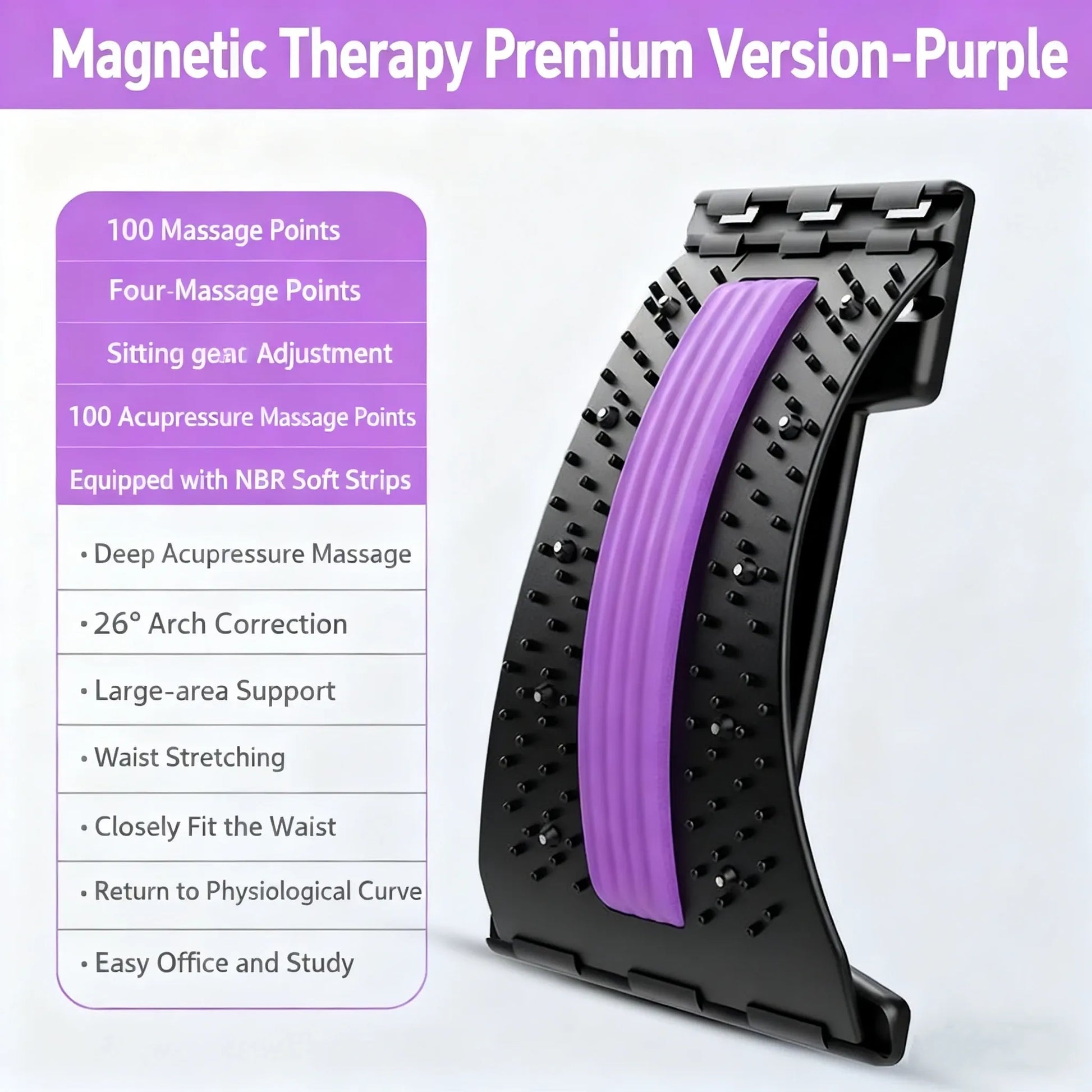 Purple and black massage device with text detailing features on a white background